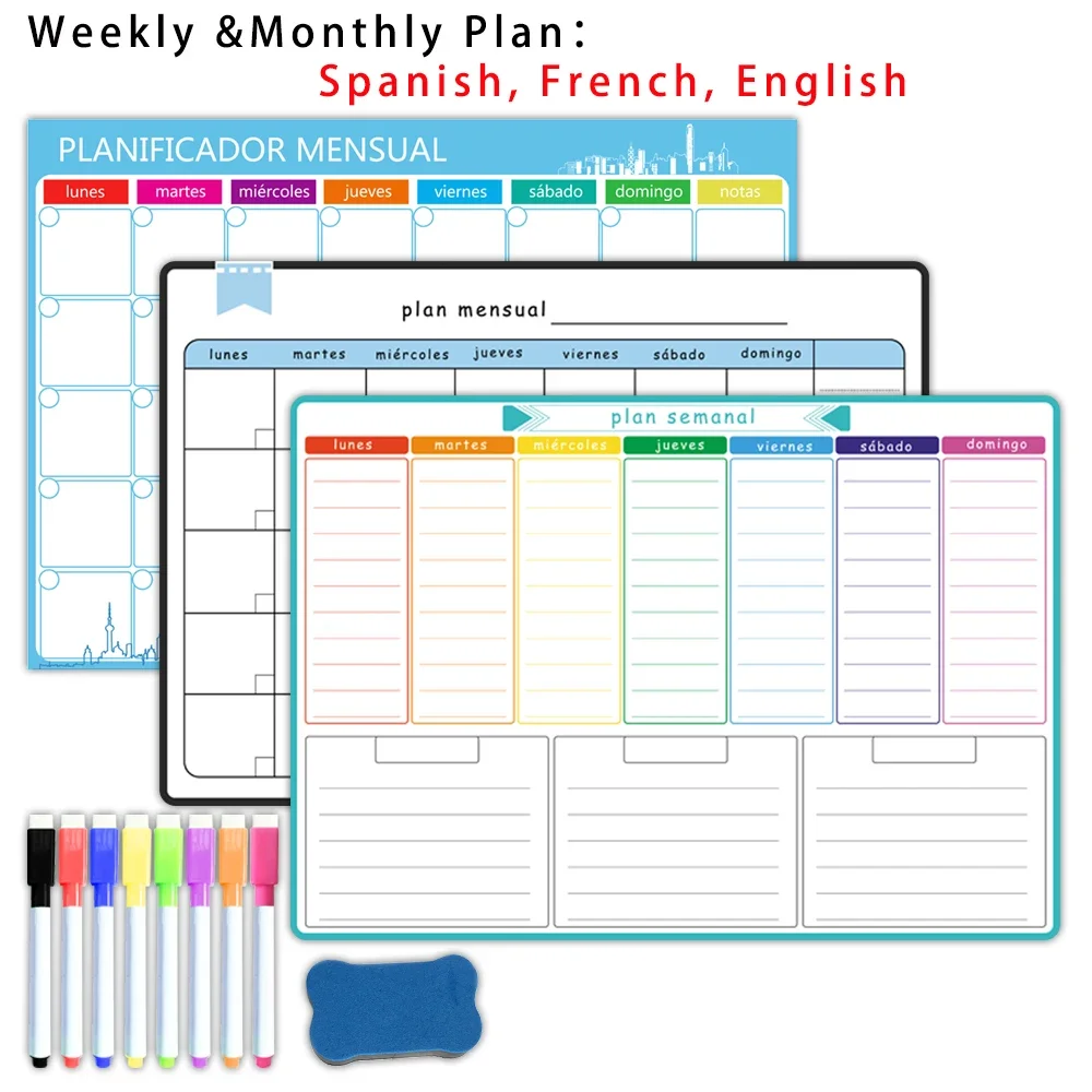 Magnetic Calendar Board - A3 ขนาดแม่เหล็กรายสัปดาห์และรายเดือน: สเปน, ฝรั่งเศส, อังกฤษ. ปฏิทินสติกเกอร์ตู้เย็นไวท์บอร์ดแบบลบแห้ง