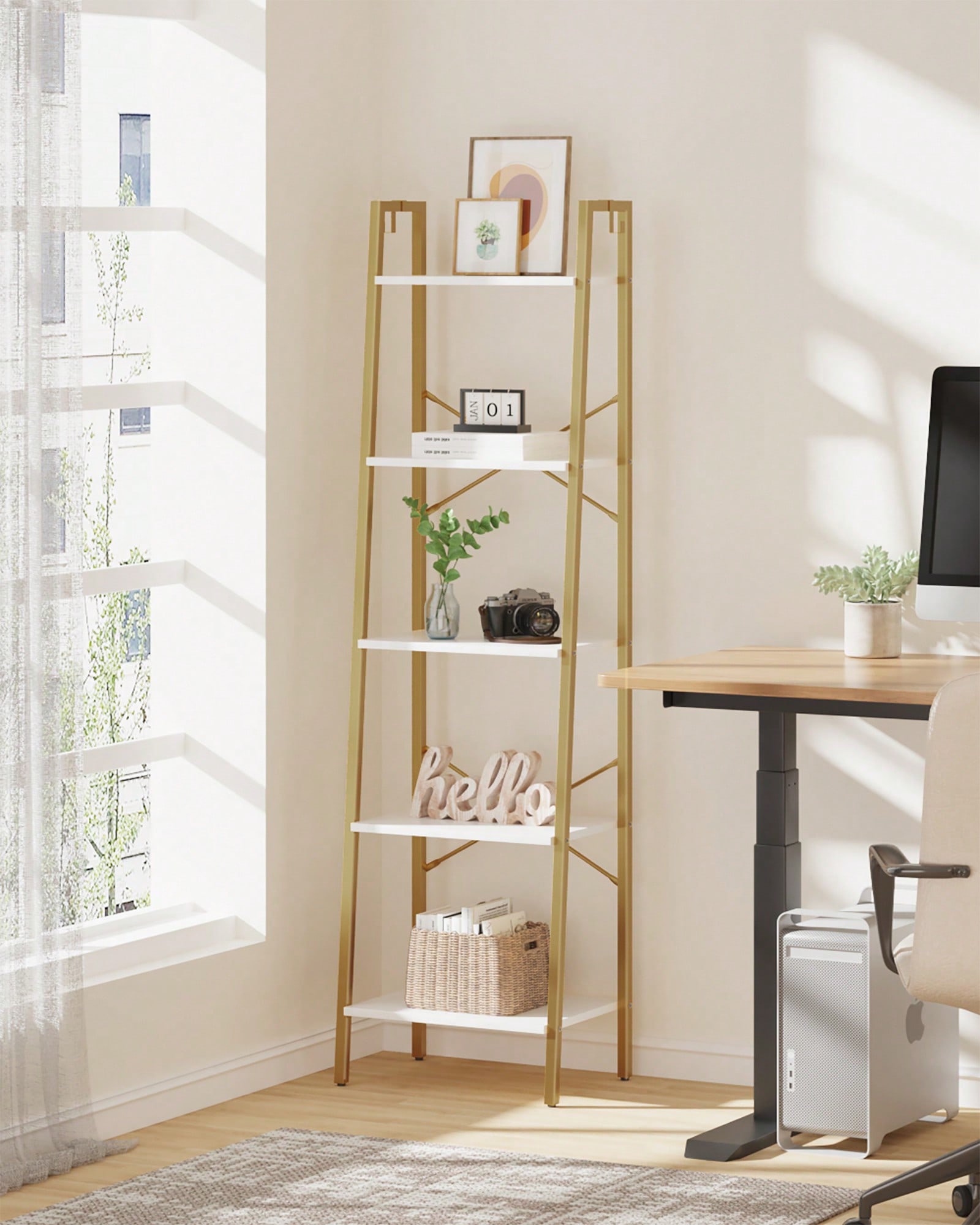 Home Office With Bookshelves - ชั้นวางของแบบ 5 ชั้น สไตล์โมเดิร์นสีขาวทอง ชั้นวางหนังสือ ชั้นวางของไม้โครงโลหะ